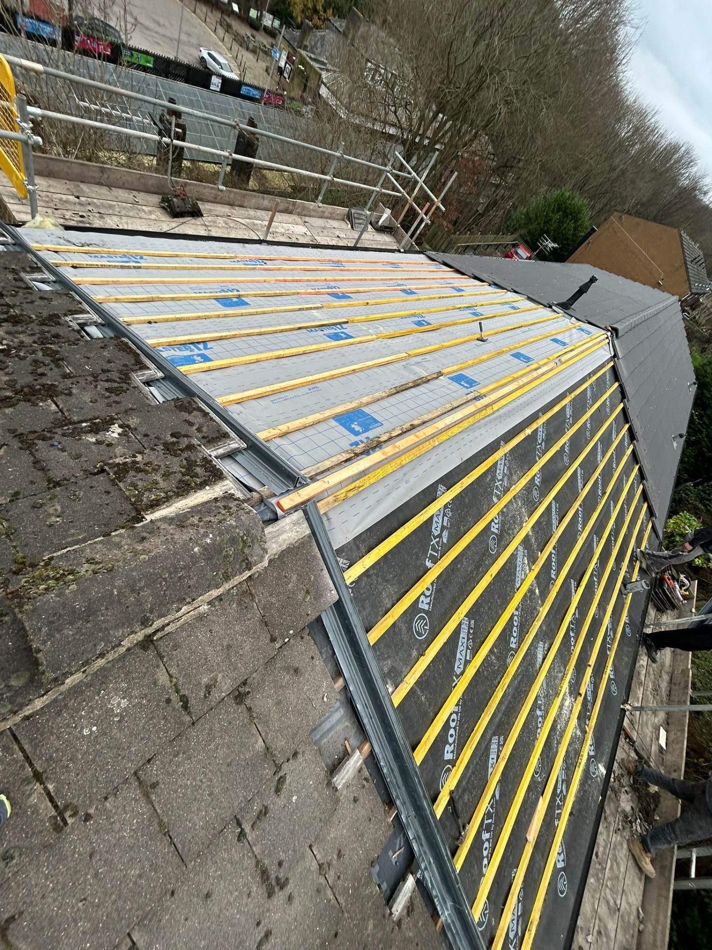 Battened and felted roof slope ready for tiling on a Yorkshire re-roof project